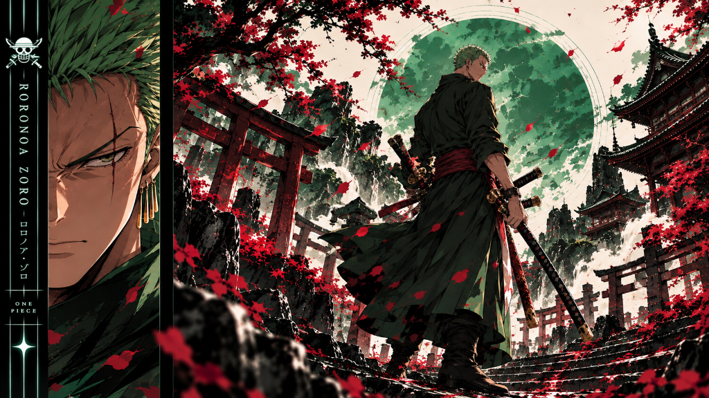 Roronoa Zoro in dark robes beneath a green moon among autumn leaves, pagodas, and torii gates.