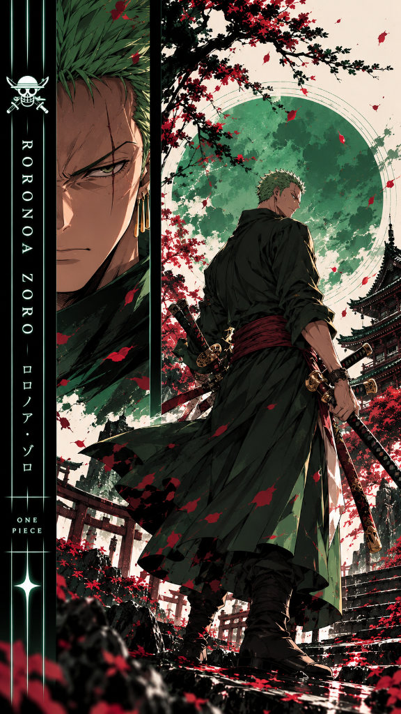 Roronoa Zoro in dark robes beneath a green moon among autumn leaves, pagodas, and torii gates.