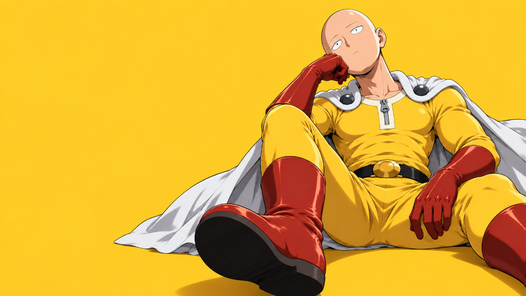 Saitama: Saitama in his yellow hero suit against a bright golden background.