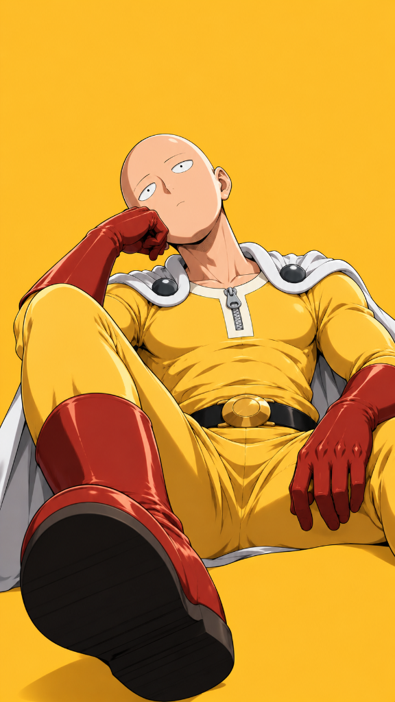 Saitama: Saitama in his yellow hero suit against a bright golden background.