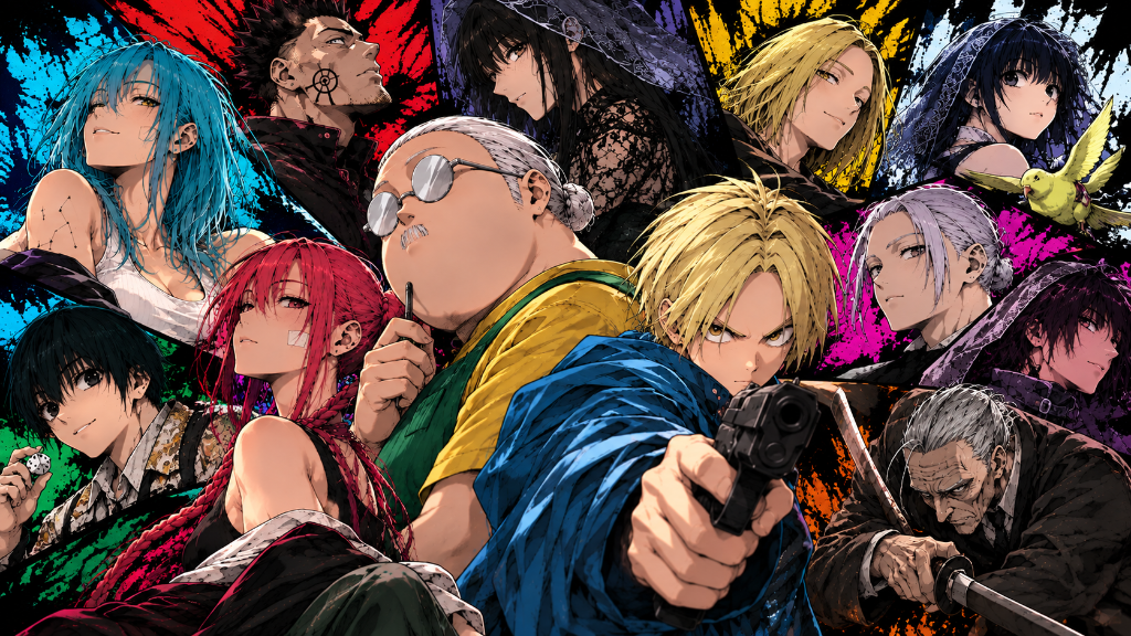 Colorful manga-style ensemble with a blond character aiming a pistol.
