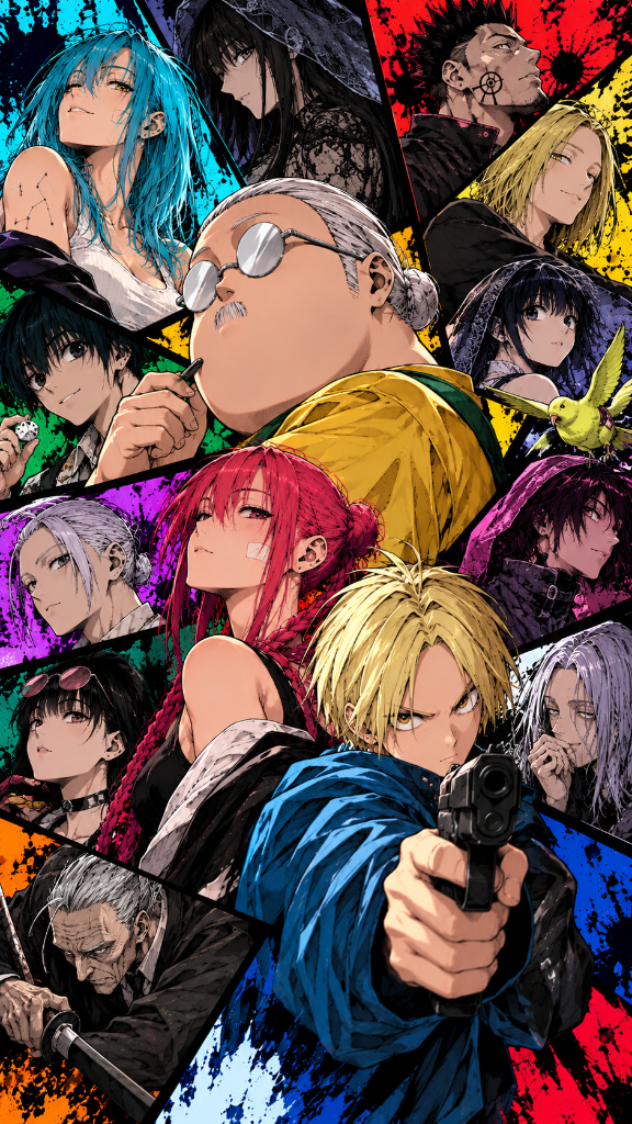 Colorful manga-style ensemble with a blond character aiming a pistol.