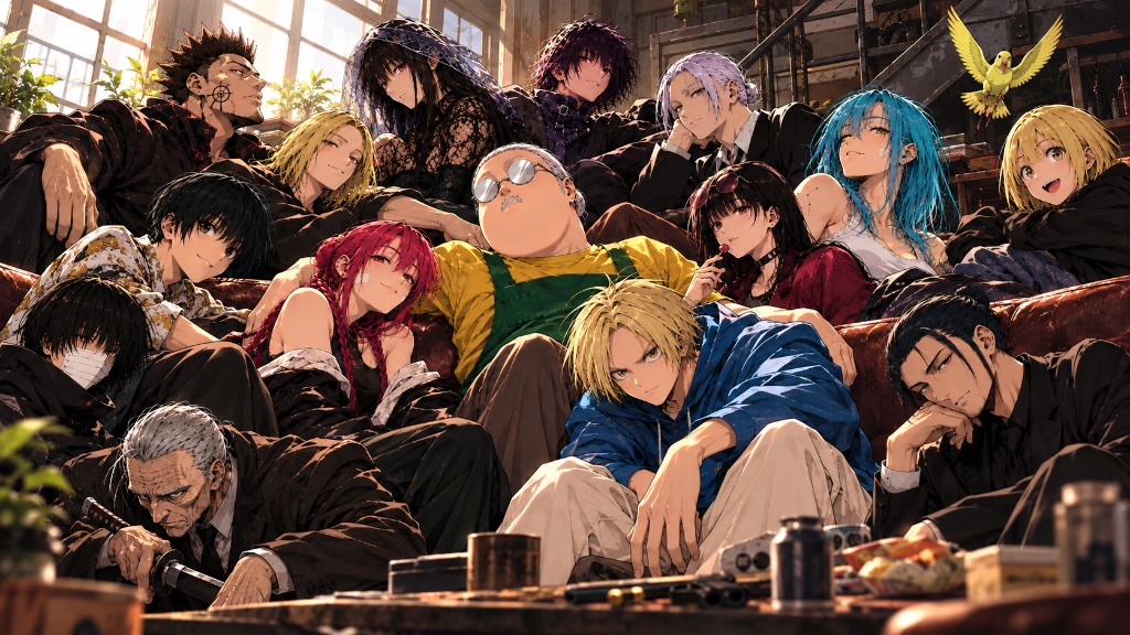 Large anime cast gathered together in a sunlit industrial room.