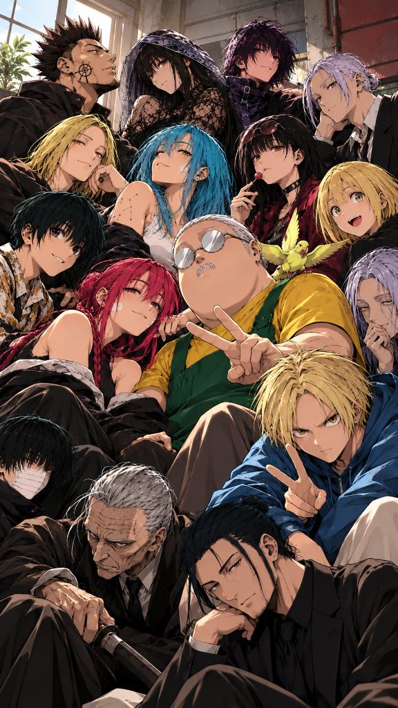 Large anime cast gathered together in a sunlit industrial room.