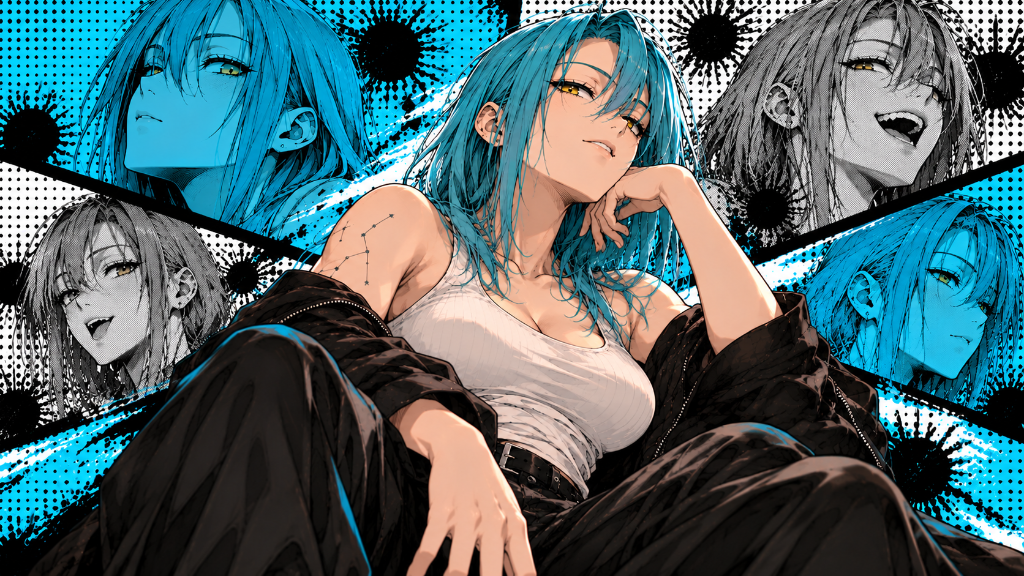 Blue-haired character in a white top and dark jacket against cyan comic panels.