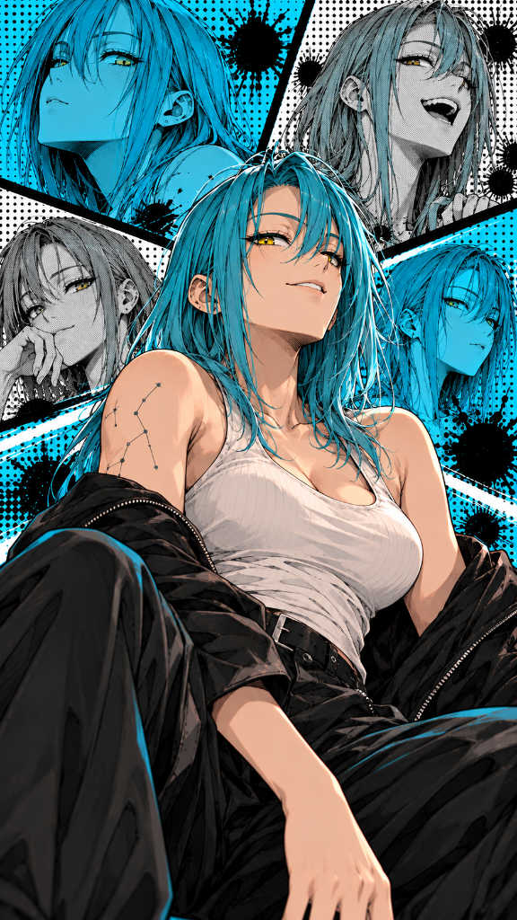 Blue-haired character in a white top and dark jacket against cyan comic panels.