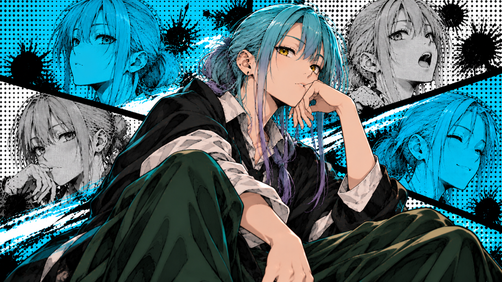 Blue-haired character in a dark jacket and green trousers against cyan manga panels.