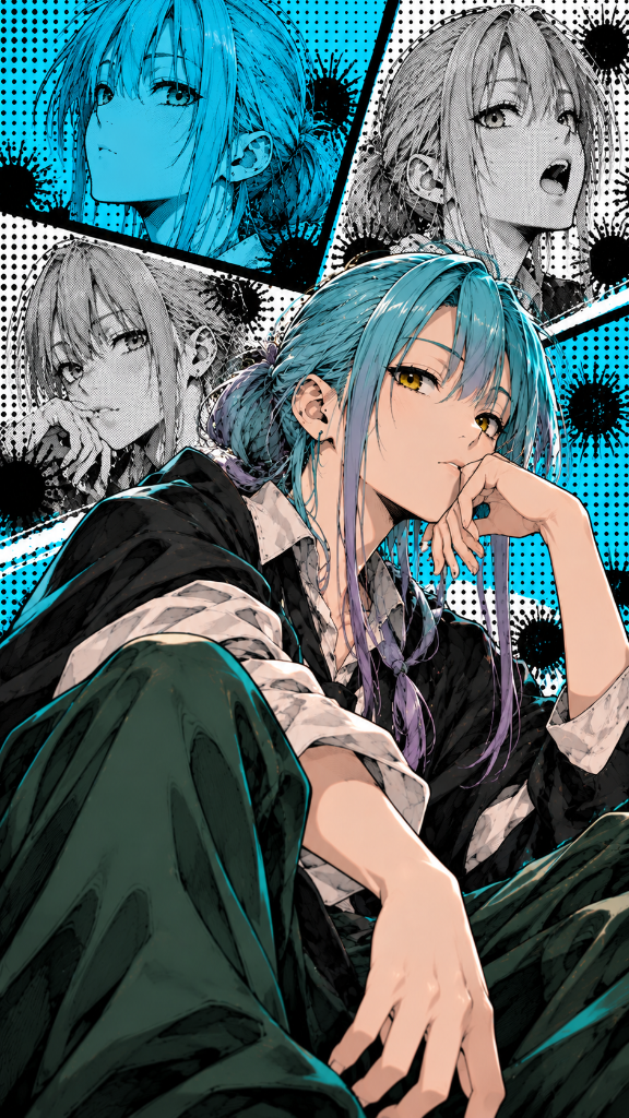 Blue-haired character in a dark jacket and green trousers against cyan manga panels.