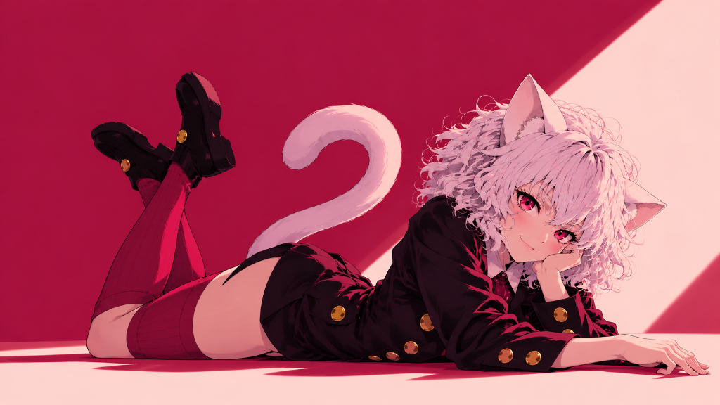 Pink-haired cat-eared anime character in a black outfit against a crimson background.