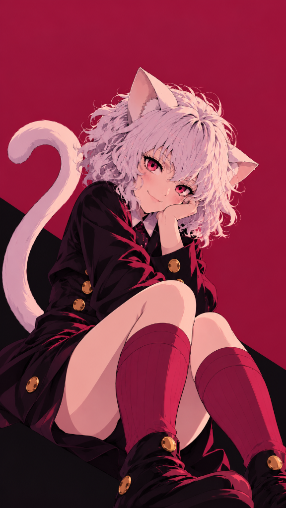 Pink-haired cat-eared anime character in a black outfit against a crimson background.