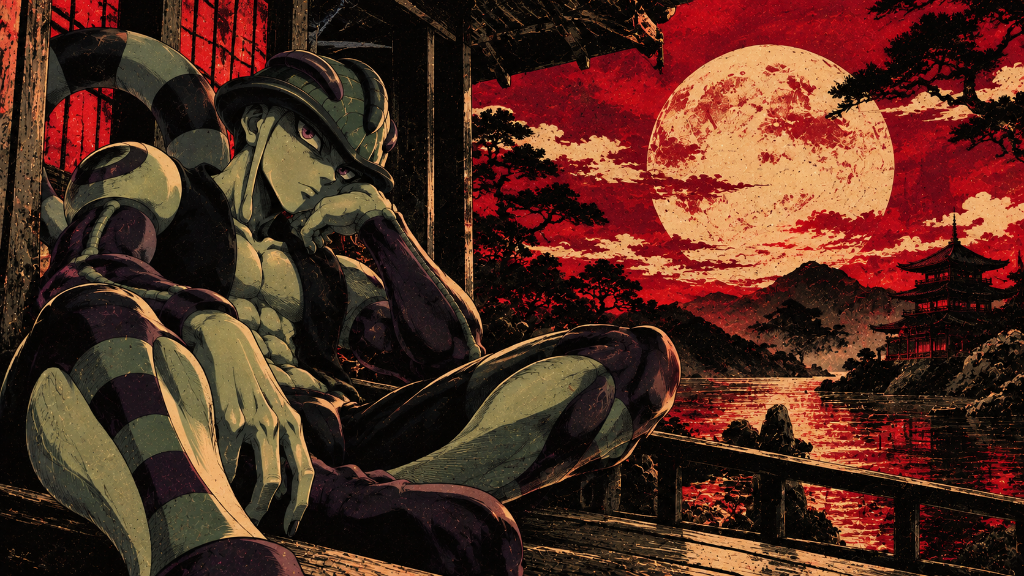 Crimson Moon Portrait of a dark-armored anime character looking across a red moonlit landscape.