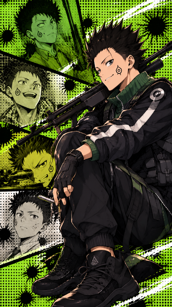 Spiky dark-haired character with a long rifle against lime-green comic panels.