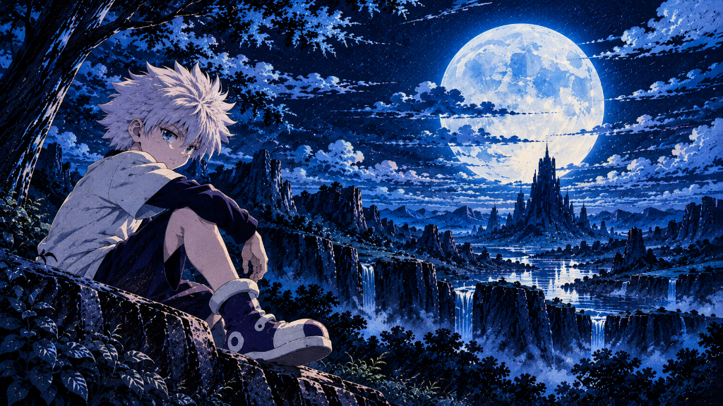 White-haired anime character seated in a moonlit blue forest landscape.