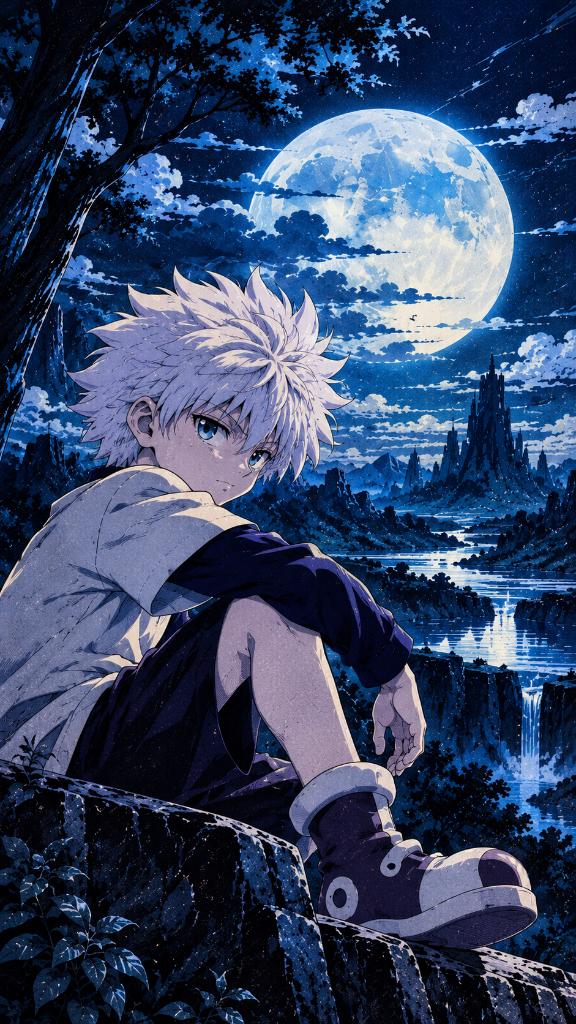 White-haired anime character seated in a moonlit blue forest landscape.