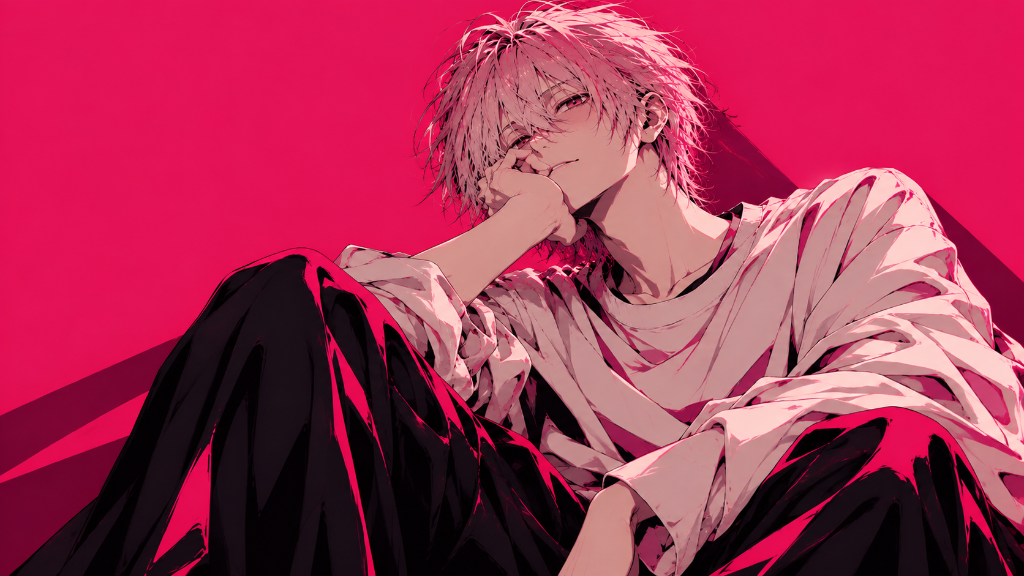 Light-haired character in a loose white top against vivid fuchsia panels.