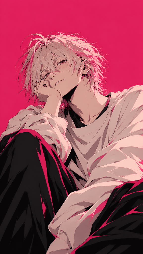 Light-haired character in a loose white top against vivid fuchsia panels.