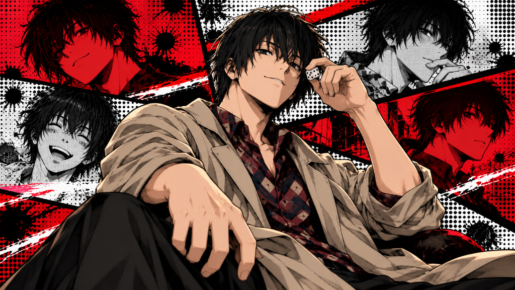 Black-haired man holding a die against red-and-black comic panels.