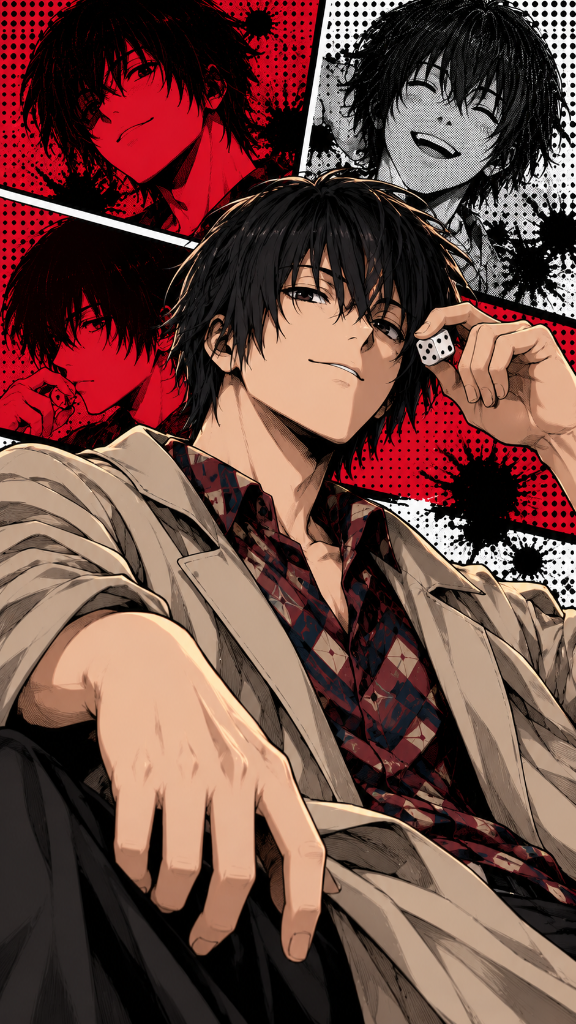 Black-haired man holding a die against red-and-black comic panels.