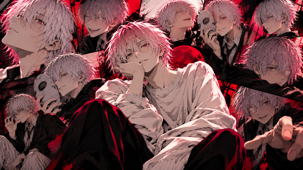 Light-haired character in multiple manga panels with a high-contrast red-and-black palette.