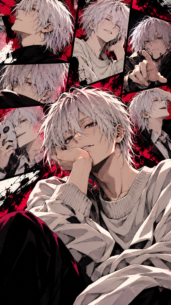 Light-haired character in multiple manga panels with a high-contrast red-and-black palette.