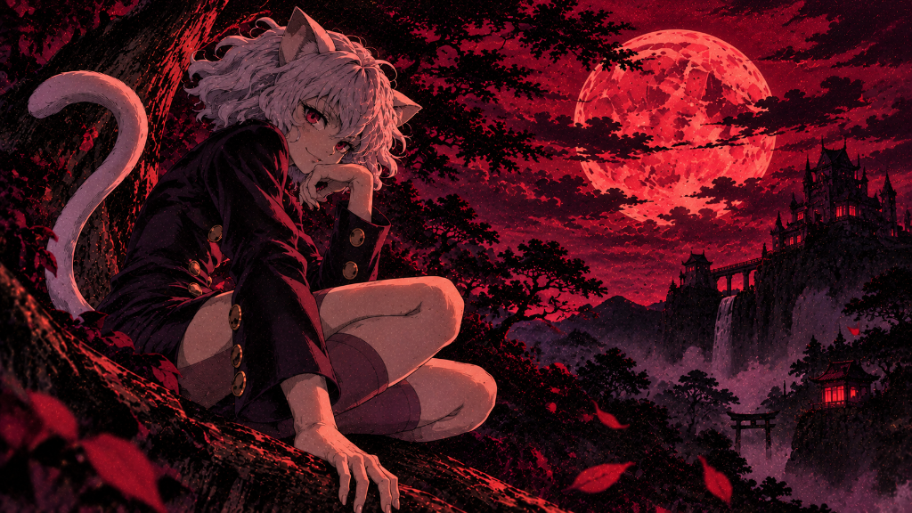 Pink-haired cat-eared character beneath a red moon in a dark gothic setting.