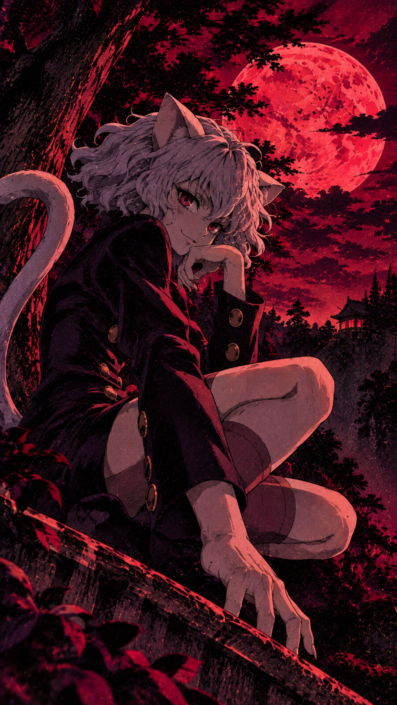 Alternate phone composition of the pink-haired cat-eared character beneath a red moon.