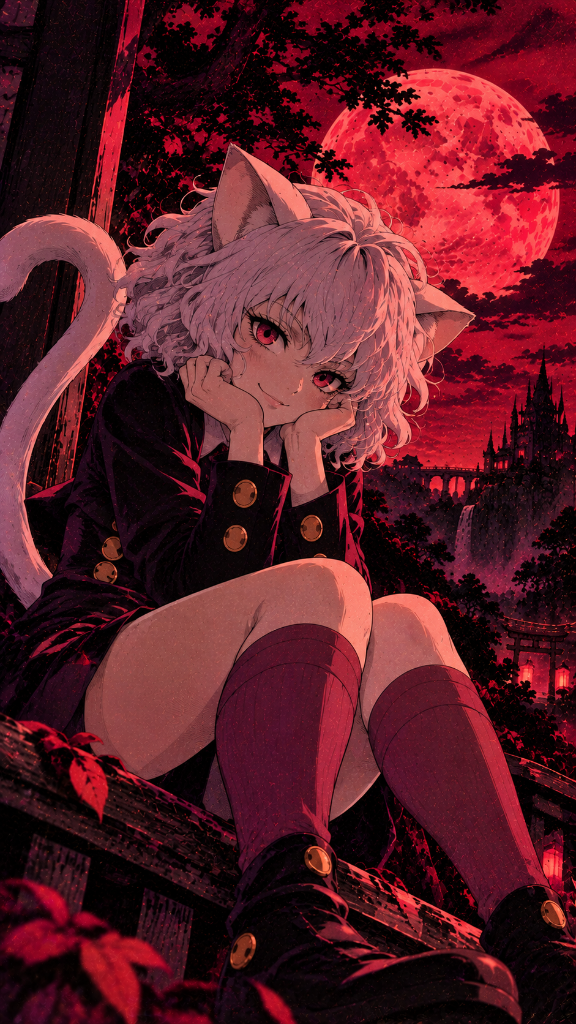Pink-haired cat-eared character beneath a red moon in a dark gothic setting.
