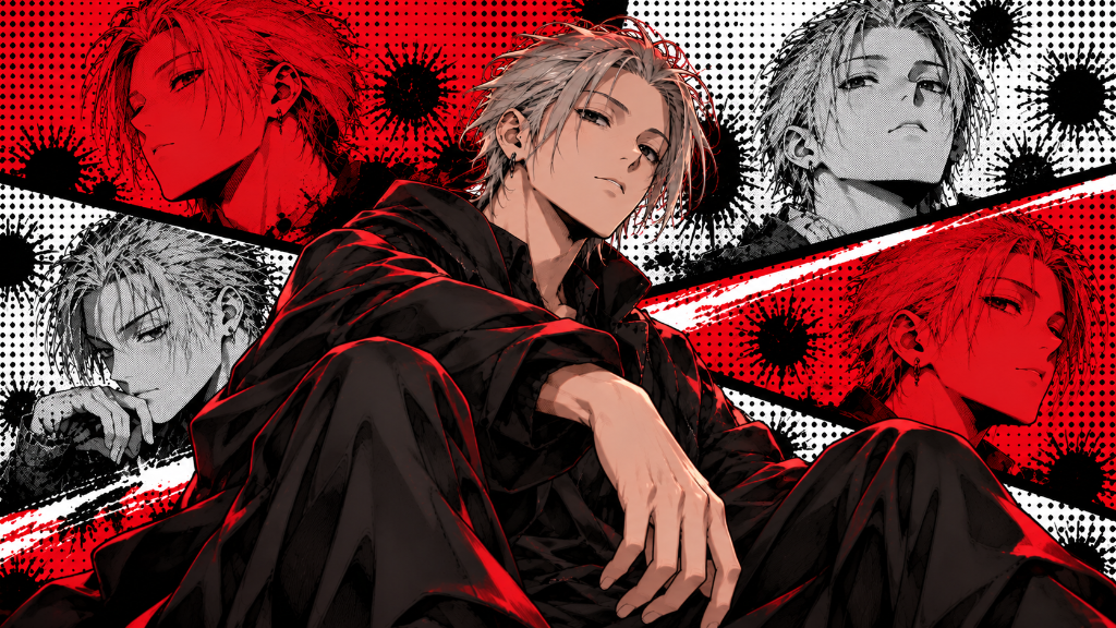 Red-and-black manga-style portrait of a light-haired character in a dark jacket.