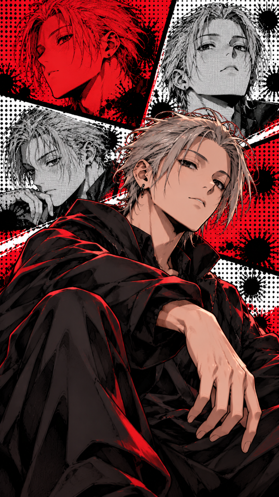 Red-and-black manga-style portrait of a light-haired character in a dark jacket.