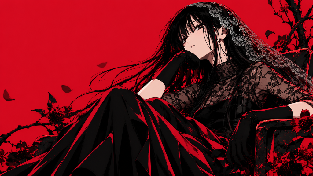 Black-haired character in a lace veil and black dress against a vivid red background.