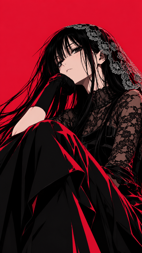 Black-haired character in a lace veil and black dress against a vivid red background.