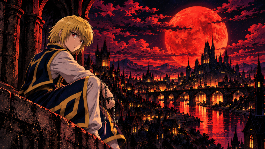 Blond anime character seated above a gothic city beneath a vivid red moon.