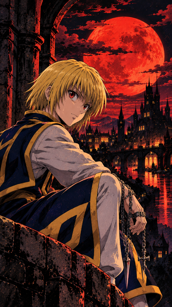 Blond anime character seated above a gothic city beneath a vivid red moon.