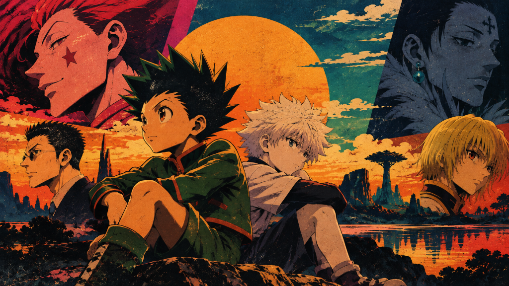 Anime character ensemble in a dramatic orange sunset landscape.