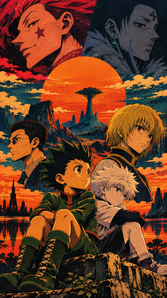 Anime character ensemble in a dramatic orange sunset landscape.