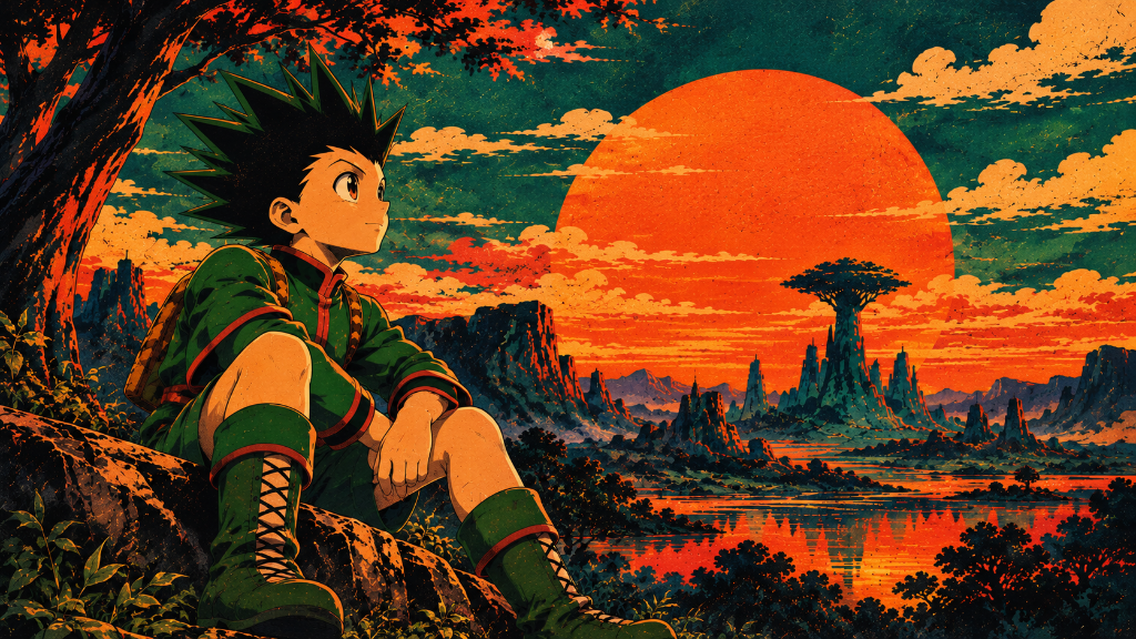 Spiky dark-haired hero in green at sunset, with a vivid orange sun over a rugged landscape.