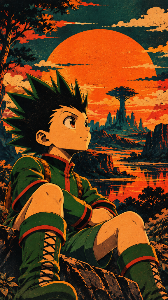 Spiky dark-haired hero in green at sunset, with a vivid orange sun over a rugged landscape.