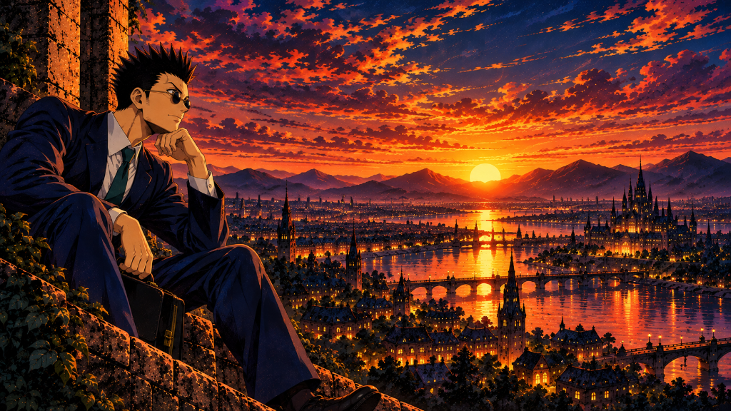 Spiky dark-haired character in a dark suit and sunglasses overlooking a sunset city.