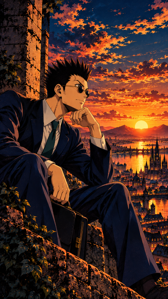 Spiky dark-haired character in a dark suit and sunglasses overlooking a sunset city.