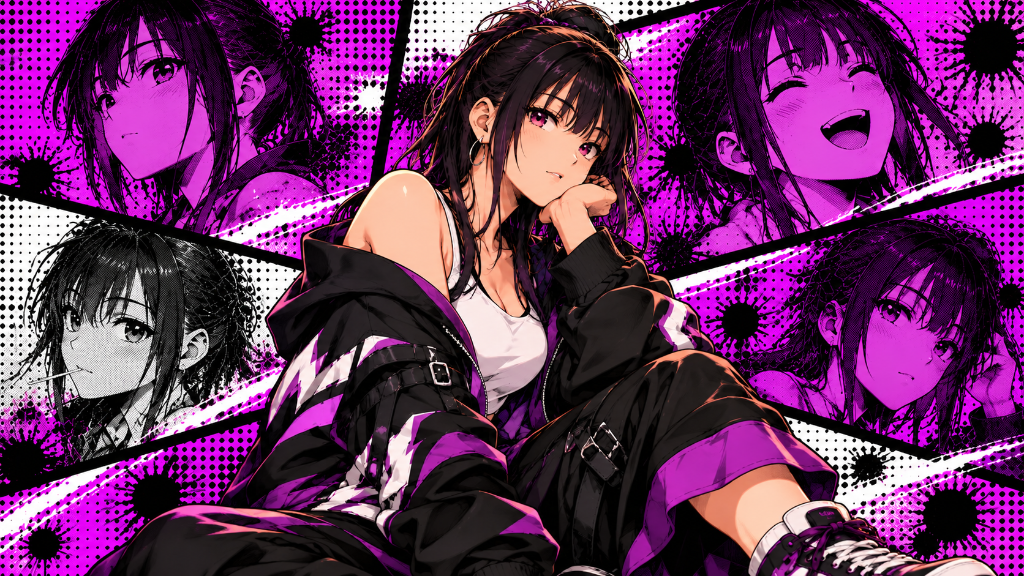 Black-haired woman in a white top and dark jacket against violet comic panels.