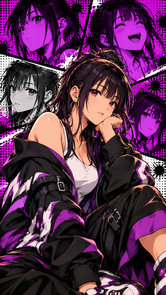 Black-haired woman in a white top and dark jacket against violet comic panels.