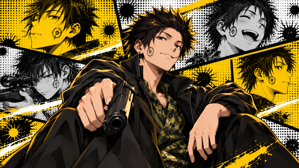 Spiky dark-haired character holding a pistol in yellow-and-black pop-art panels.