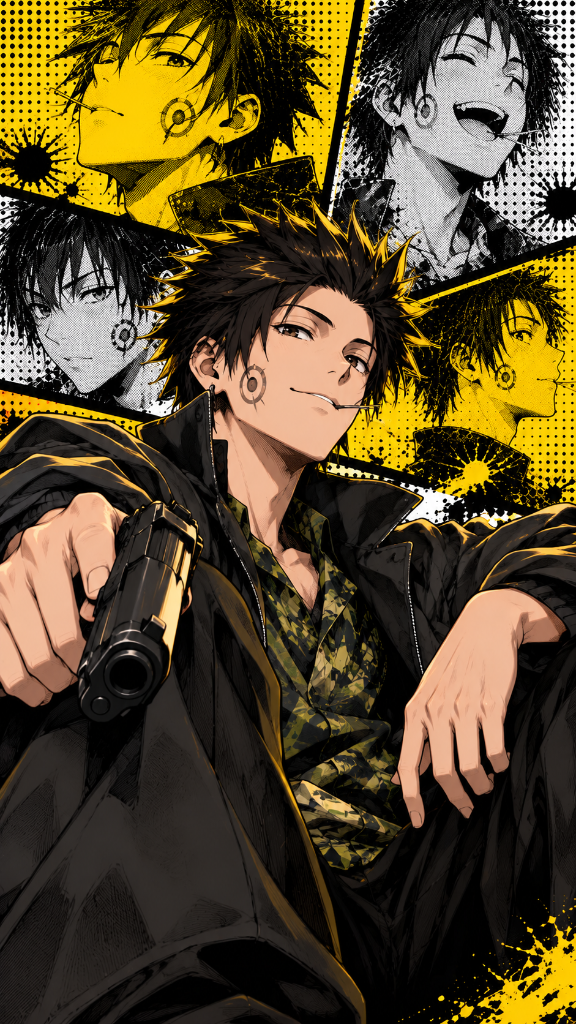 Spiky dark-haired character holding a pistol in yellow-and-black pop-art panels.