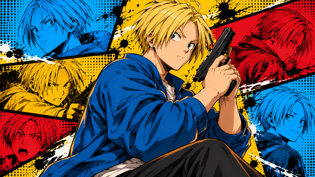 Heisuke Mashimo: Heisuke Mashimo holding his firearm against a bold blue, yellow and red manga-panel background.