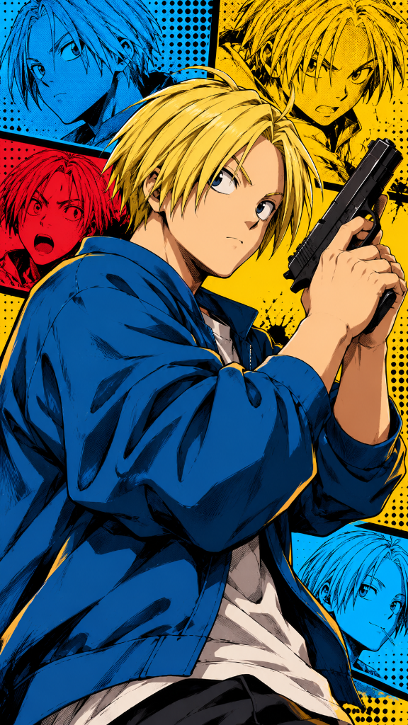 Heisuke Mashimo: Heisuke Mashimo holding his firearm against a bold blue, yellow and red manga-panel background.