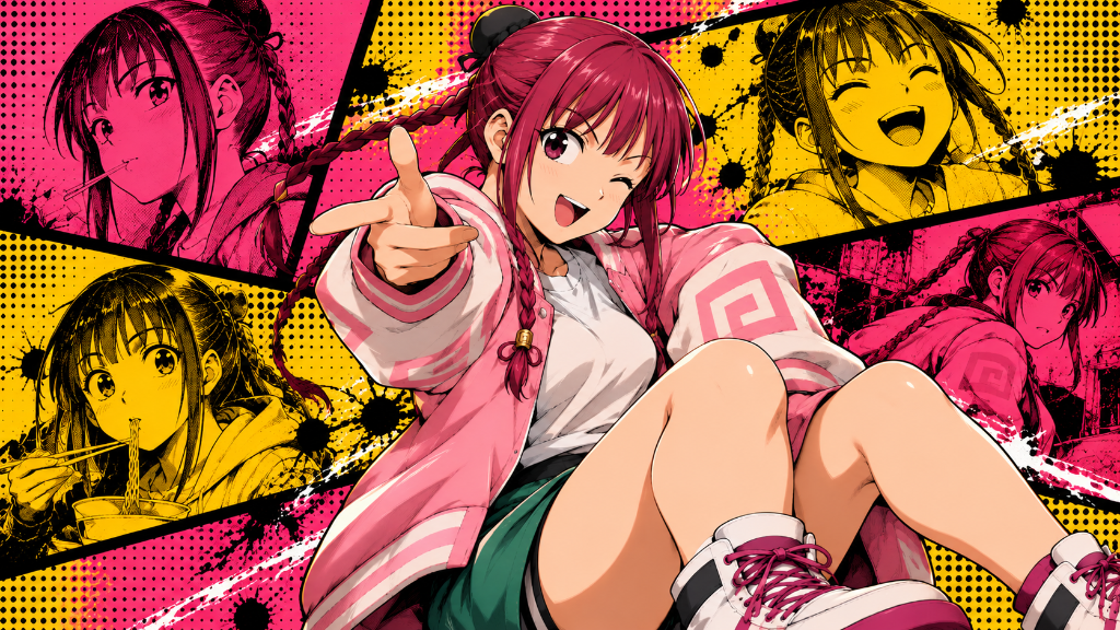 Lu Shaotang: Lu Shaotang in a pink jacket against bright pink and yellow manga panels.