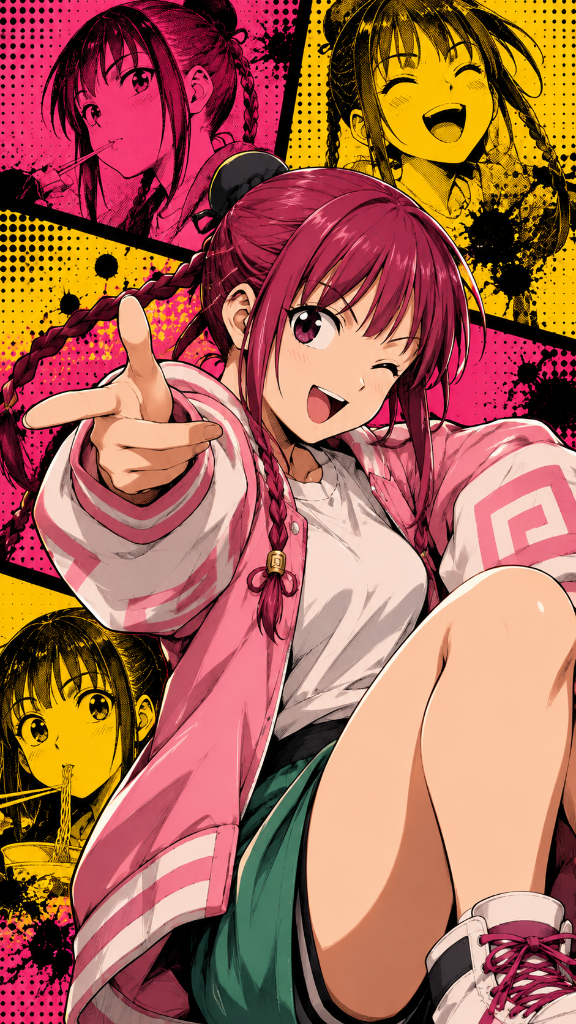 Lu Shaotang: Lu Shaotang in a pink jacket against bright pink and yellow manga panels.