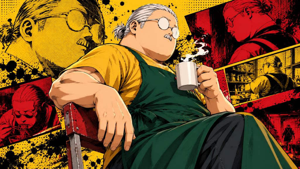 Taro Sakamoto: Taro Sakamoto relaxing in a chair with a coffee mug against red and yellow manga panels.