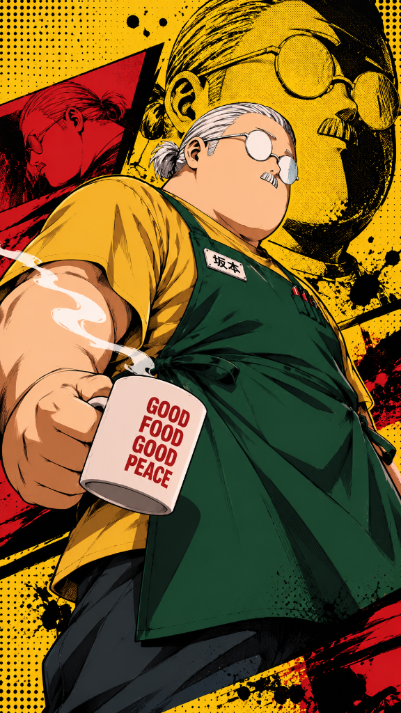 Taro Sakamoto in a green apron holding a mug against a yellow, black and red manga-style background.