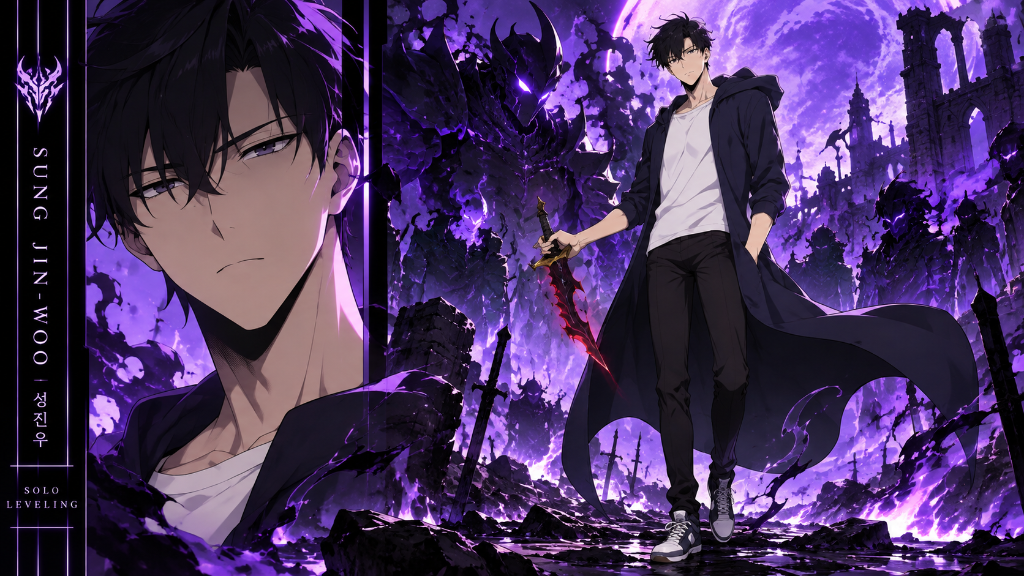 Sung Jinwoo standing before violet shadows and a purple moon with the Shadow Monarch insignia
